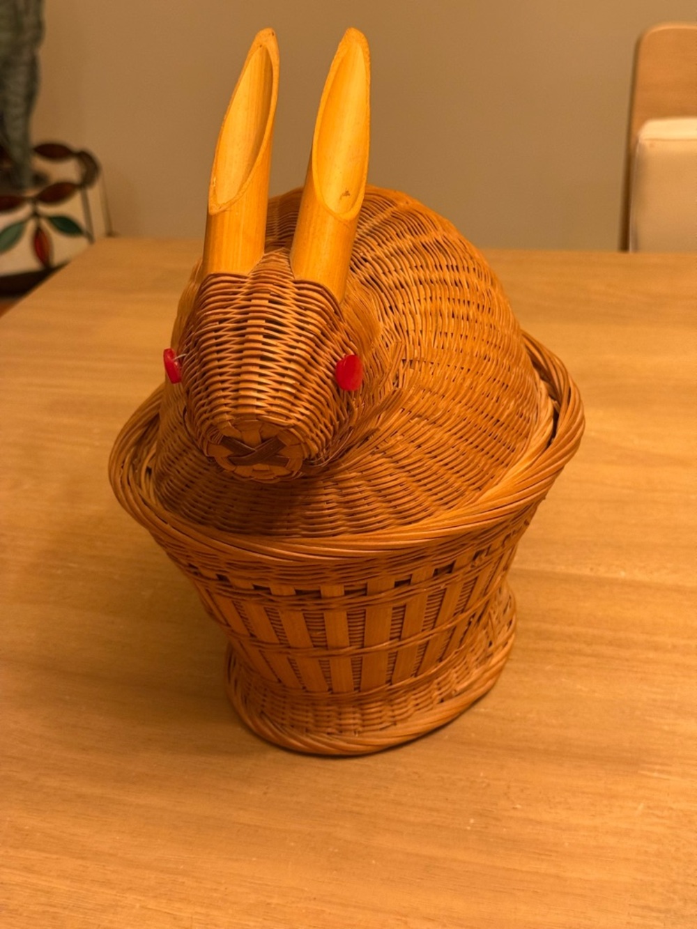 Vintage Bamboo Bunny Rabbit Basket With Button Eyes